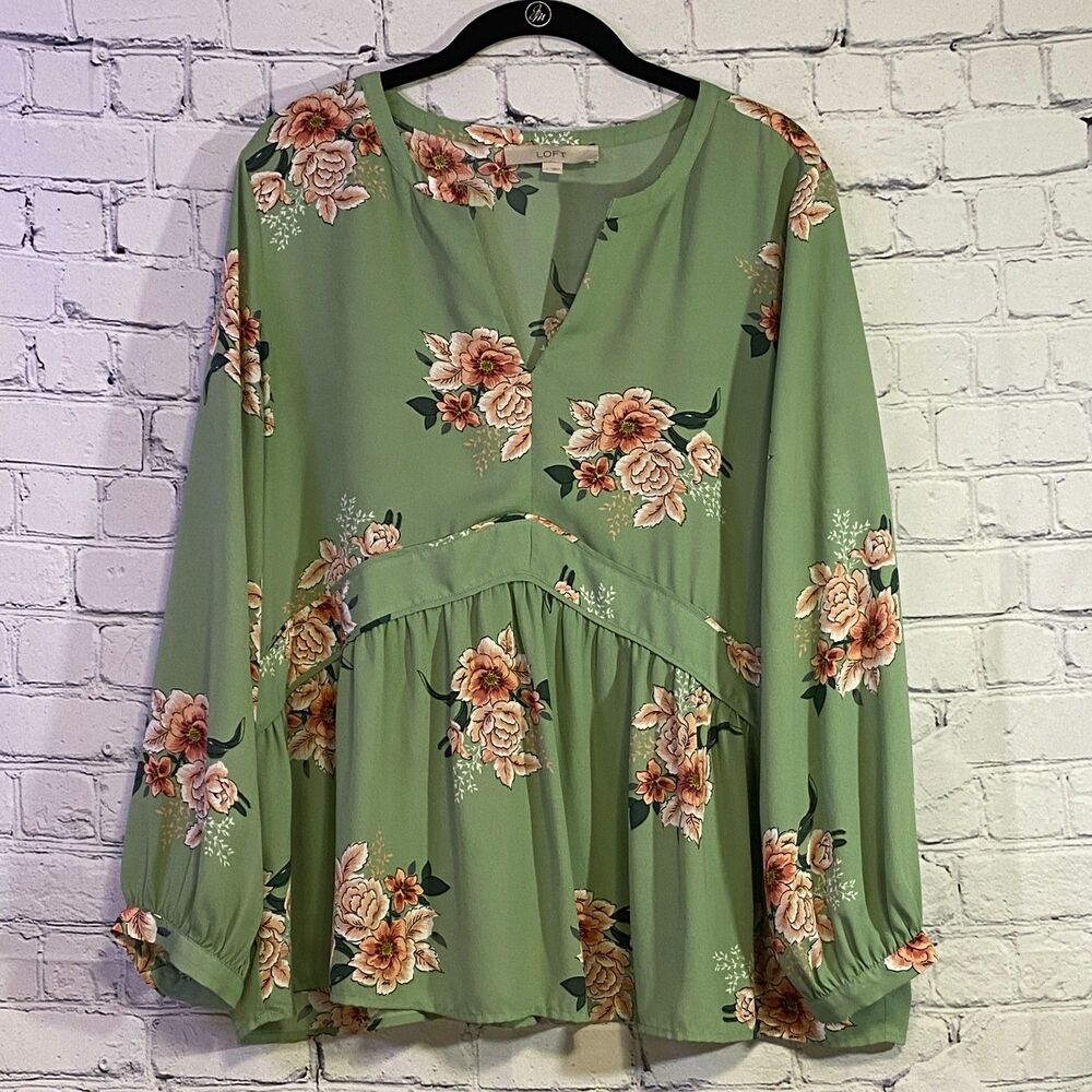 Loft Women's Long Sleeve Blouse Size L Green Floral Split Neckline Banded Cuffs